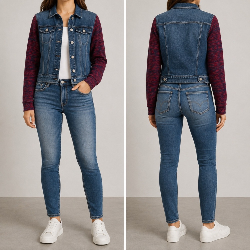 Tinseltown Denim Jacket Womens Medium Blue Aztec Knit Sleeve Button Up Trucker